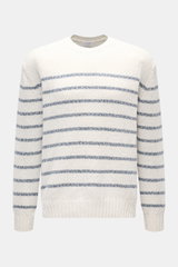 Frontansicht des 04651/ A trip in a bag Rundhalspullover 'Mouline Striped' offwhite/navy gestreift mit klassischem Streifenmuster, grobem Strickbild, Rundhalsausschnitt und komfortablen Rippbündchen aus reiner Baumwolle im Oversized Fit für lässige Überga