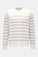 04651/ A trip in a bag Rundhalspullover 'Mouline Striped' offwhite/lavender gestreift, Grobstrick, Oversized Fit, Rundhalsausschnitt, Rippbündchen, Frontansicht