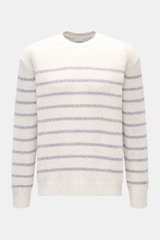 04651/ A trip in a bag Rundhalspullover 'Mouline Striped' offwhite/lavender gestreift, Grobstrick, Oversized Fit, Rundhalsausschnitt, Rippbündchen, Frontansicht