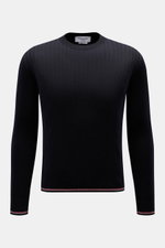 Thom Browne Rundhalspullover navy, Slim Fit, kurzer Schnitt, Rippstrick, weiche Wolle, Rundhalsausschnitt, markentypische Streifen am Bund, Frontansicht.