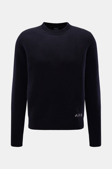 A.P.C. Rundhalspullover 'Edmond' navy aus reiner Wolle, Regular Fit, mit Rundhalsausschnitt, Rippbündchen, von vorne fotografiert.
