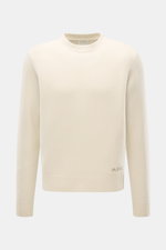 A.P.C. Rundhalspullover 'Edmond' creme, Frontansicht, reine Wolle, Regular Fit, leichter Griff, Rundhalsausschnitt, Rippbündchen, Logo am Bund.
