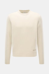 A.P.C. Rundhalspullover 'Edmond' creme, Frontansicht, reine Wolle, Regular Fit, leichter Griff, Rundhalsausschnitt, Rippbündchen, Logo am Bund.