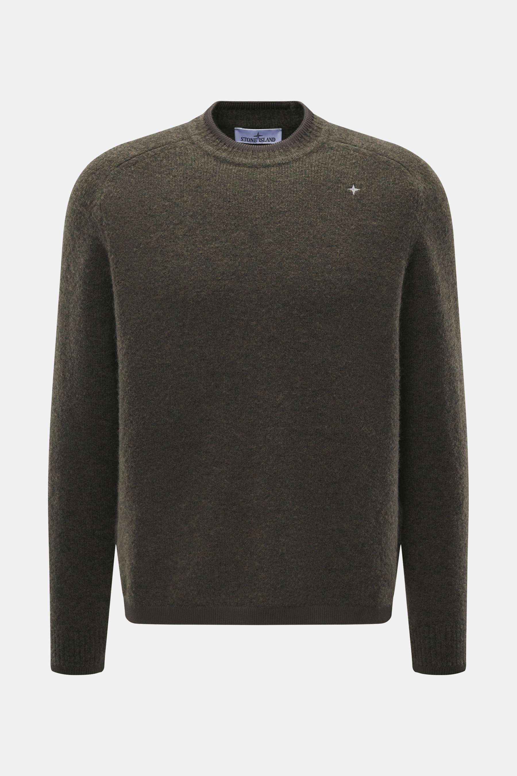 Stone Island Rundhalspullover 'Stellina' dark olive, frontal fotografiert, Regular Fit, Raglanärmel, Rundhalsausschnitt, weicher Griff, Schurwolle-Microfaser-Mix, dezentes Stellina-Stitching.