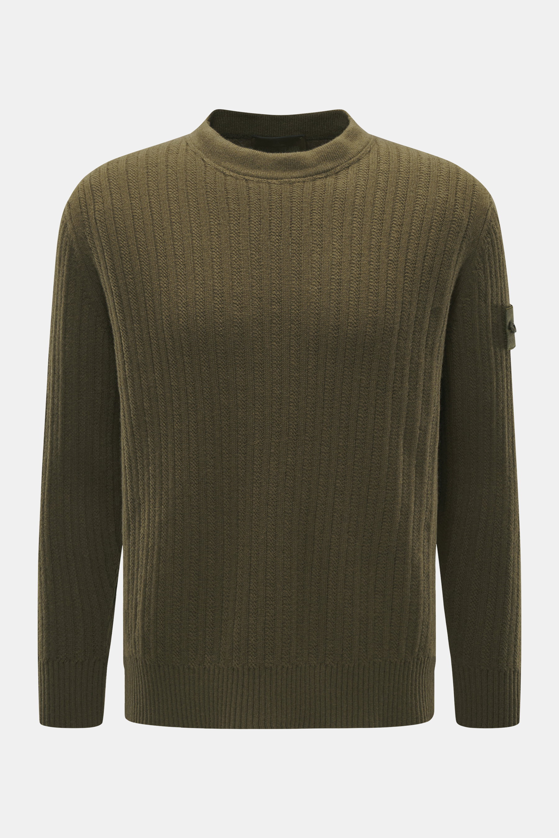 Front view of Stone Island Crew neck sweater 'Ghost Piece' olive, slim fit with medium-fine knit pattern, virgin wool and cashmere, soft touch, elastic ribbed cuffs, tonal compass badge on upper arm, and crew neckline.
