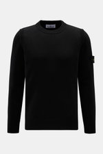 Stone Island Crew Neck Sweater 'Lambswool' Black shown front view, slim fit, crew neckline, ribbed cuffs, compass badge on sleeve, soft virgin wool blend with medium-fine knit texture and contrasting stripes, stylish cold-season essential.