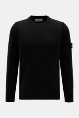 Stone Island Crew Neck Sweater 'Lambswool' Black shown front view, slim fit, crew neckline, ribbed cuffs, compass badge on sleeve, soft virgin wool blend with medium-fine knit texture and contrasting stripes, stylish cold-season essential.