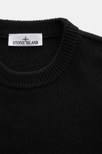 Close-up front top view of Stone Island Crew Neck Sweater 'Lambswool' Black showing ribbed crew neckline and knit texture.

Description: Stylish essential for the cold season: This casual sweater by STONE ISLAND made from a warming wool blend impresses wi