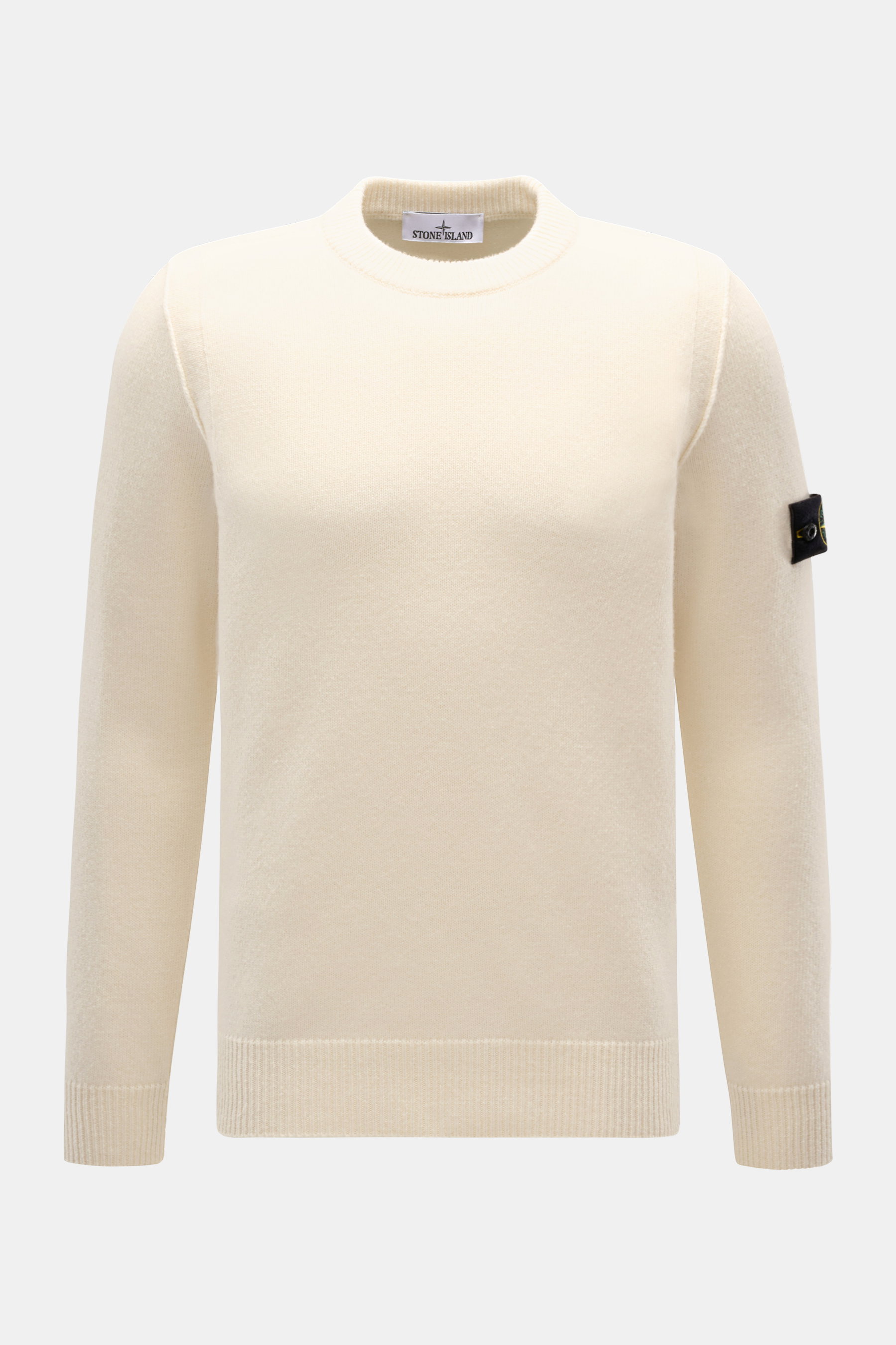 Front view of Stone Island Crew Neck Sweater 'Lambswool' creme, a slim fit casual wool blend sweater with ribbed cuffs and compass badge.

Description: <p>Stylish essential for the cold season: This casual sweater by STONE ISLAND made of a warm wool blend