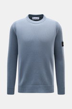 Stone Island Crew Neck Sweater 'Lambswool' grey blue shown from the front, slim fit with ribbed cuffs and compass badge.