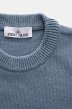 Stone Island Crew Neck Sweater 'Lambswool' grey blue, close-up front view showing medium-fine knit texture and ribbed crew neckline.  
Stylish essential for the cold season: This casual sweater by STONE ISLAND made of a warm wool blend impresses with dist