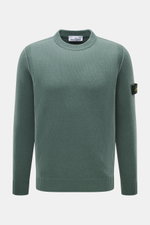 Stone Island Crew Neck Sweater 'Lambswool' grey green shown from the front, slim fit with crew neckline, ribbed cuffs, contrast knit stripes, virgin wool blend, soft touch, medium-fine knit, compass badge on upper arm. Stylish essential for the cold seaso