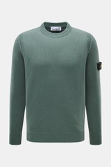Stone Island Crew Neck Sweater 'Lambswool' grey green shown from the front, slim fit with crew neckline, ribbed cuffs, contrast knit stripes, virgin wool blend, soft touch, medium-fine knit, compass badge on upper arm. Stylish essential for the cold seaso