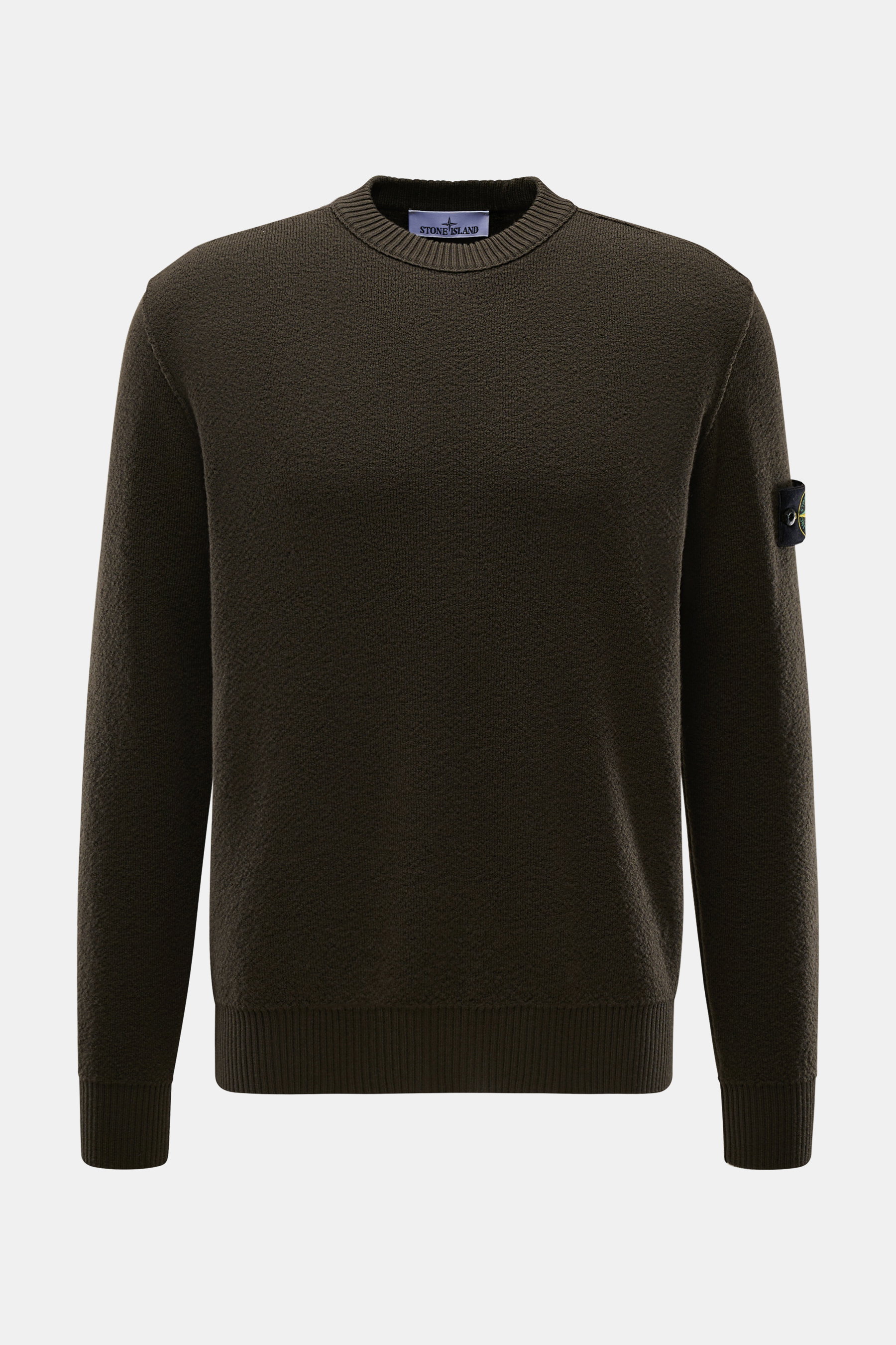 Stone Island Crewneck Sweater 'Maglia' khaki shown from the front, soft pure wool with medium-fine knit, regular fit, ribbed cuffs, compass badge on arm.