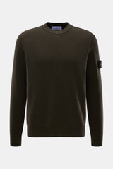 Stone Island Crewneck Sweater 'Maglia' khaki shown from the front, soft pure wool with medium-fine knit, regular fit, ribbed cuffs, compass badge on arm.