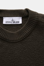Stone Island Crewneck Sweater 'Maglia' khaki shown from top front close-up, pure wool with medium-fine knit and ribbed crew neckline.