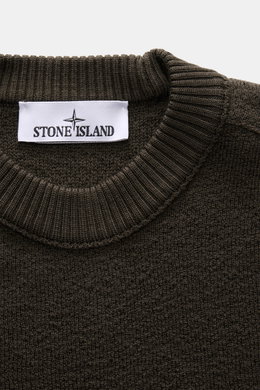 Stone Island Crewneck Sweater 'Maglia' khaki shown from top front close-up, pure wool with medium-fine knit and ribbed crew neckline.