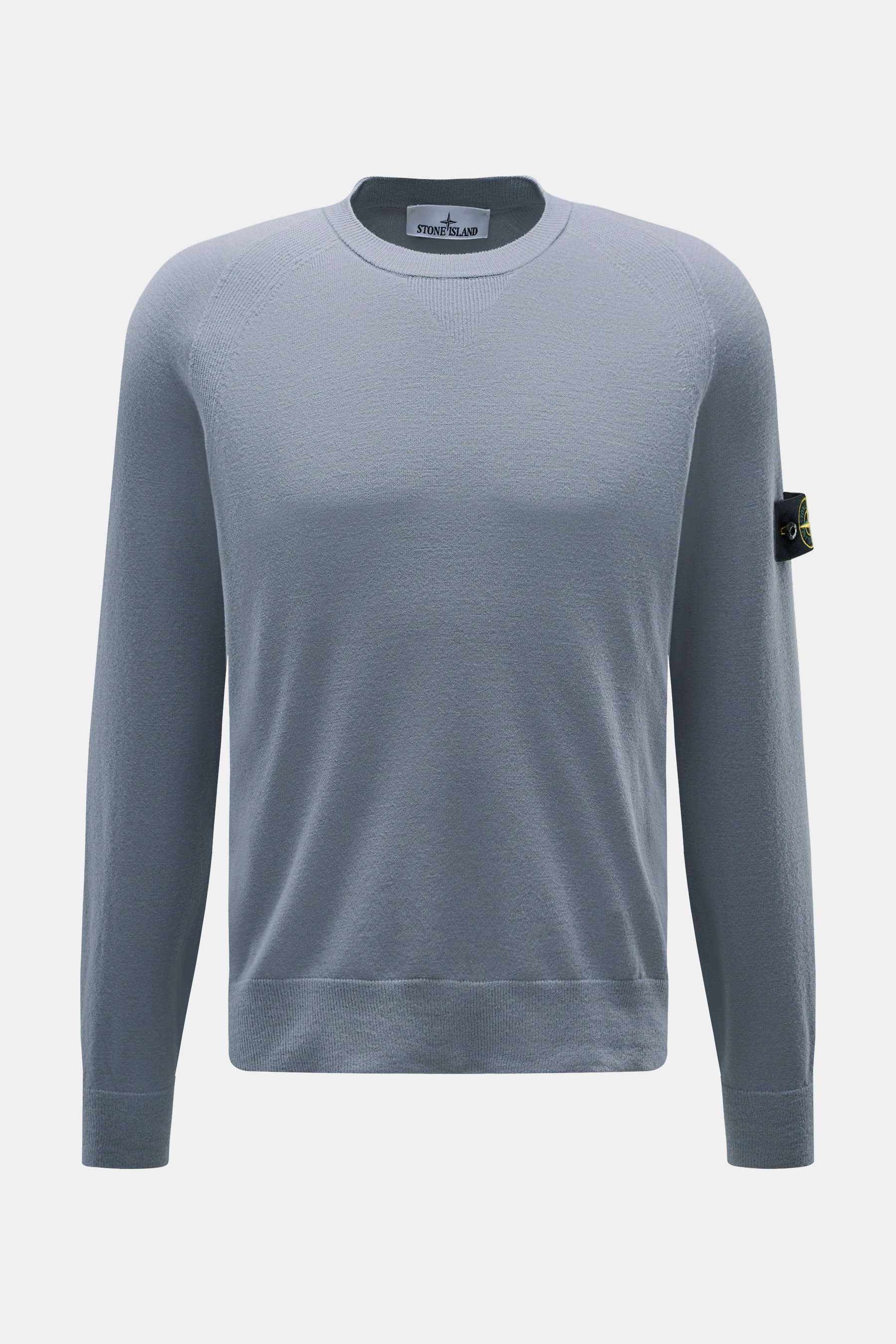 Stone Island Crew Neck Sweater 'Stretchwool' Smoky Blue, front view, slim fit with raglan sleeves, crew neckline, ribbed cuffs, compass badge, soft virgin wool blend.