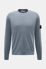 Stone Island Crew Neck Sweater 'Stretchwool' Smoky Blue, front view, slim fit with raglan sleeves, crew neckline, ribbed cuffs, compass badge, soft virgin wool blend.