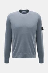 Stone Island Crew Neck Sweater 'Stretchwool' Smoky Blue, front view, slim fit with raglan sleeves, crew neckline, ribbed cuffs, compass badge, soft virgin wool blend.