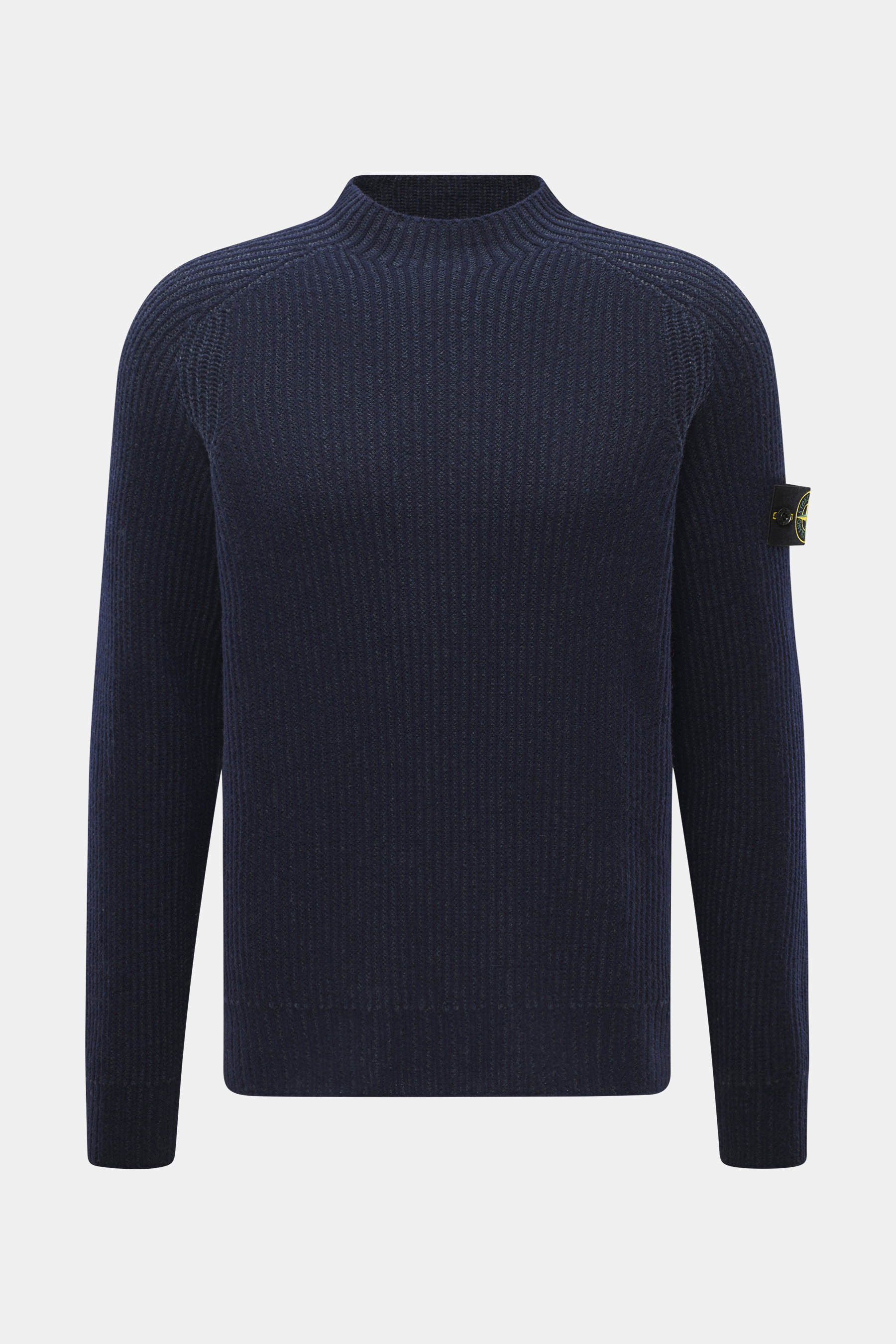 Stone Island Wende-Rundhalspullover 'Vanise' navy/graublau, frontal fotografiert, Slim Fit, Raglan-Ärmel, Kompass-Badge, weicher Cashmere-Woll-Brioche-Strick.