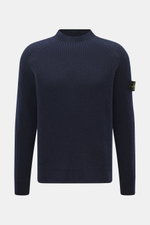Stone Island Wende-Rundhalspullover 'Vanise' navy/graublau, frontal fotografiert, Slim Fit, Raglan-Ärmel, Kompass-Badge, weicher Cashmere-Woll-Brioche-Strick.