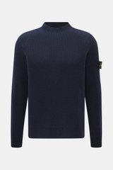 Stone Island Wende-Rundhalspullover 'Vanise' navy/graublau, frontal fotografiert, Slim Fit, Raglan-Ärmel, Kompass-Badge, weicher Cashmere-Woll-Brioche-Strick.