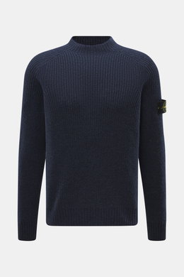 Stone Island Wende-Rundhalspullover "Vanise" navy/graublau, frontal aus mittlerer Nähe, Cashmere-Wolle, Slim Fit, Raglan-Ärmel, Kompass-Badge.