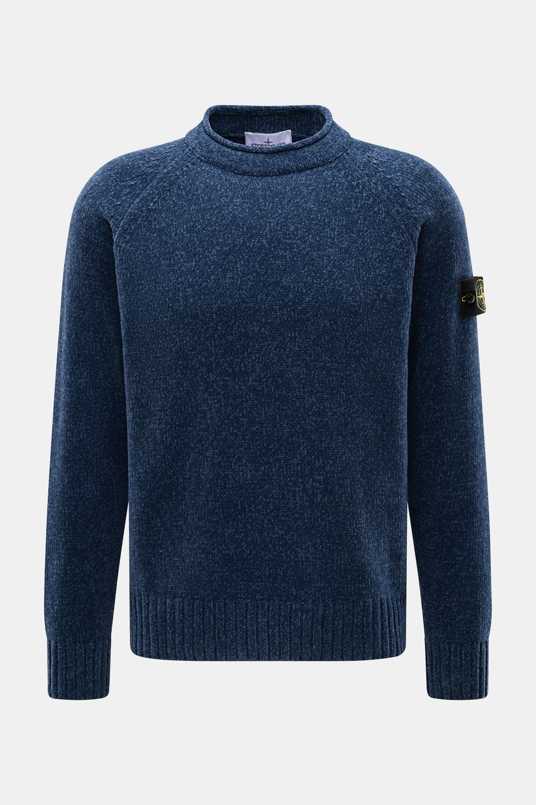 Front view of Stone Island Crewneck Sweater 'Chenille' Gray Blue in soft cotton chenille knit with compass badge on the sleeve.

<p>Stay warm and stylish through winter with STONE ISLAND: This sweater made of soft cotton chenille combines innovative textu
