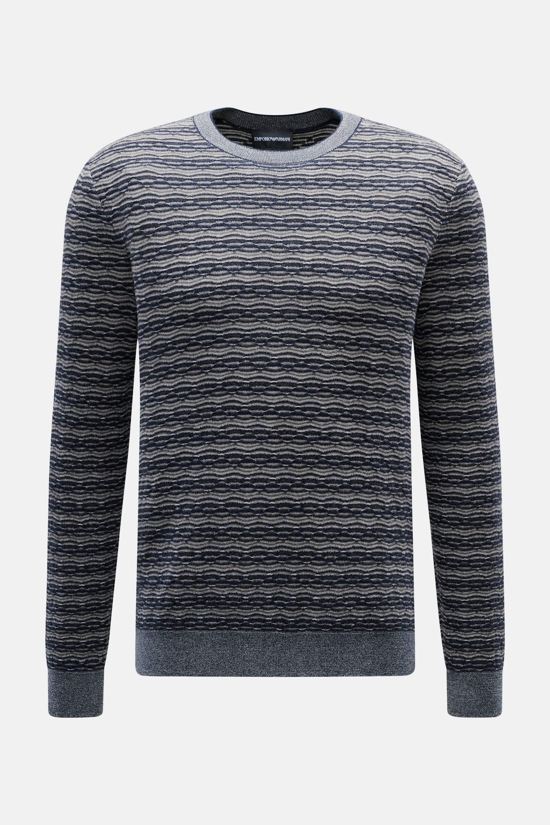 Emporio Armani Rundhalspullover navy/grau gemustert, Slim Fit, aus Wolle-Viskose-Mix mit retroeskem Muster, Rundhalsausschnitt, Rippbündchen, frontal fotografiert.