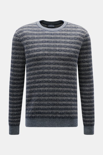 Emporio Armani Rundhalspullover navy/grau gemustert, Slim Fit, aus Wolle-Viskose-Mix mit retroeskem Muster, Rundhalsausschnitt, Rippbündchen, frontal fotografiert.