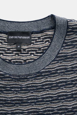 Alt tag (125 characters): Close-up front view of Emporio Armani Crew Neck Sweater Navy/Grey Patterned with retro knit and logo tag on crew neckline.

Description:  
<p>Cool essential by EMPORIO ARMANI: With its retro pattern, this crew neck sweater made o