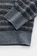 Close-up of Emporio Armani Crew Neck Sweater Navy/Grey Patterned showing the retro knit pattern, ribbed cuff, and fine wool blend texture from a top-down view.

Additional description: <p>Cool essential by EMPORIO ARMANI: With its retro pattern, this crew