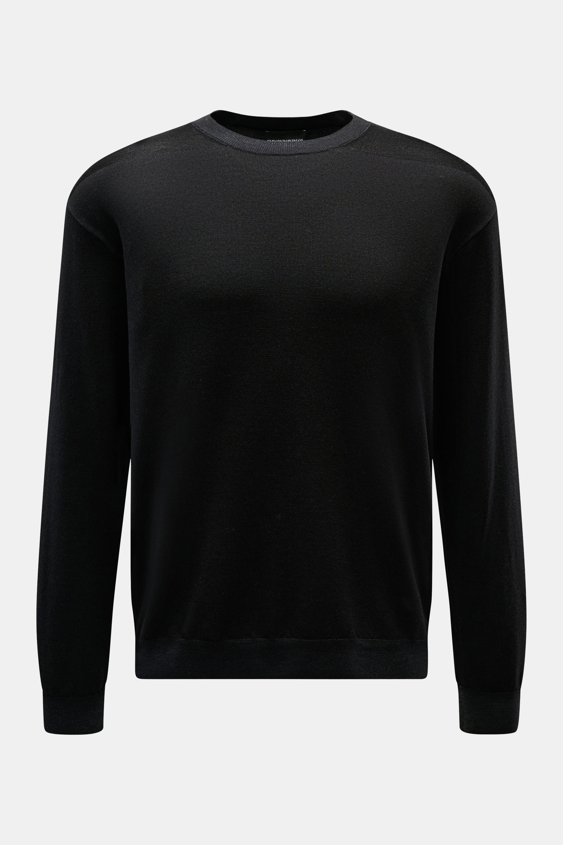Alt tag (125 characters):
Front view of Emporio Armani Crewneck Sweater Black, lightweight virgin wool with subtle texture, ribbed cuffs, and regular fit.

Additional description:
<p>Versatile companion: The lightweight crewneck sweater made of pure virgi