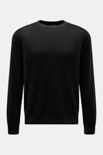 Emporio Armani Rundhalspullover schwarz, leichter Schurwoll-Mix, feines Strickbild, Regular Fit, Rundhalsausschnitt, Rippbündchen, frontal fotografiert.
