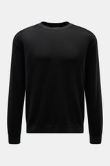 Emporio Armani Rundhalspullover schwarz, leichter Schurwoll-Mix, feines Strickbild, Regular Fit, Rundhalsausschnitt, Rippbündchen, frontal fotografiert.