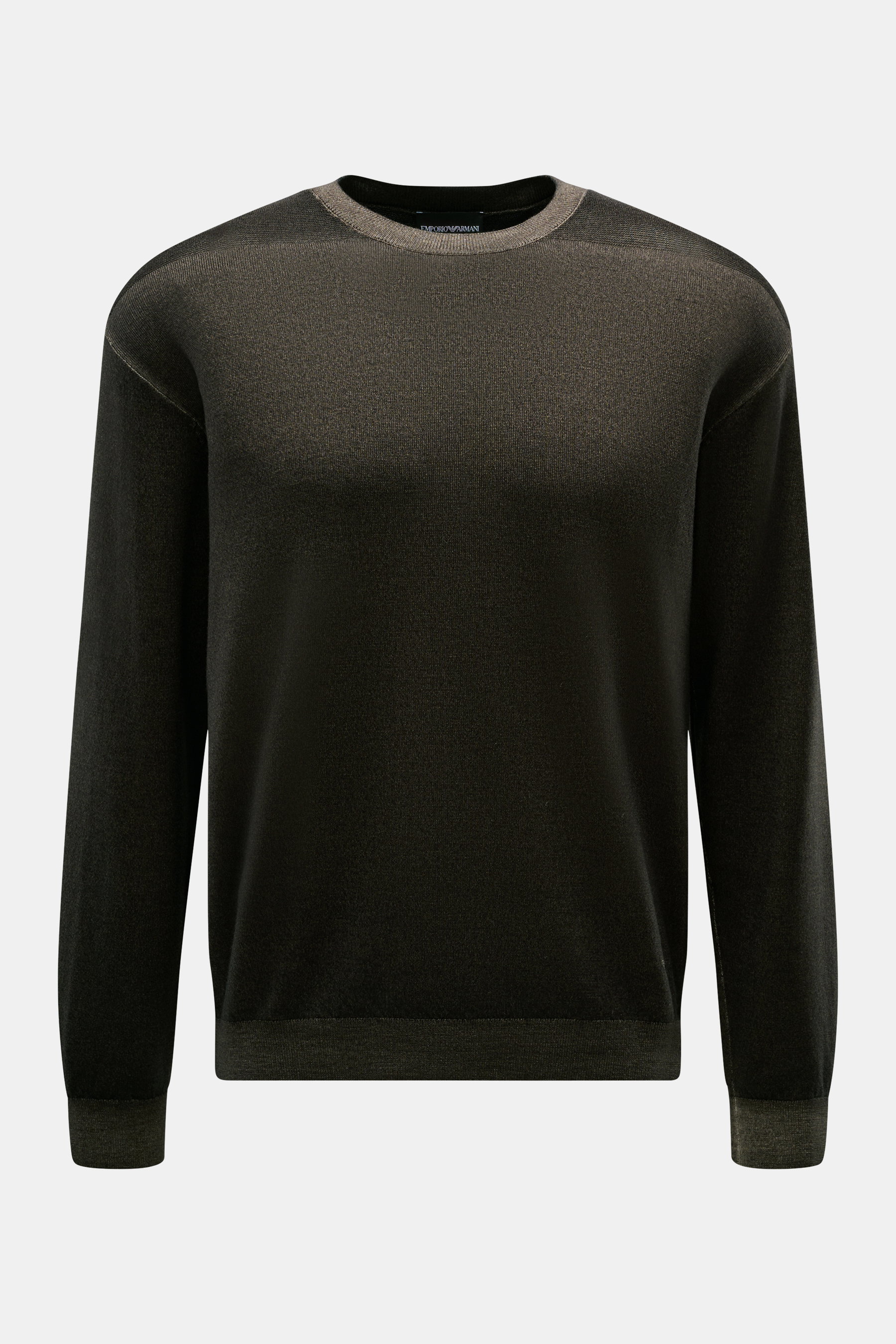 Emporio Armani Rundhalspullover graubraun, leichter Schurwollmix, feines Strickbild, Rundhalsausschnitt, Rippbündchen, Saumstitching, Frontansicht