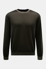 Emporio Armani Rundhalspullover graubraun, leichter Schurwollmix, feines Strickbild, Rundhalsausschnitt, Rippbündchen, Saumstitching, Frontansicht