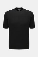 Front view of Emporio Armani Short sleeve jumper black in fine textured knit with crew neck and ribbed bands.

Additional description:
<p>Versatile companion: This lightweight short sleeve jumper in pure virgin wool by EMPORIO ARMANI has a subtle textured