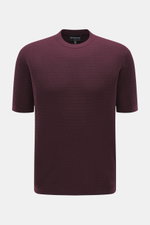 Front view of Emporio Armani Short sleeve jumper burgundy in fine textured pure virgin wool knit with crew neck, regular fit, soft feel, ribbed bands, and logo stitching on hem. Versatile companion: This lightweight short sleeve jumper in pure virgin wool