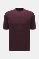 Front view of Emporio Armani Short sleeve jumper burgundy in fine textured pure virgin wool knit with crew neck, regular fit, soft feel, ribbed bands, and logo stitching on hem. Versatile companion: This lightweight short sleeve jumper in pure virgin wool