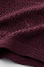 Close-up, angled view of the Emporio Armani Short sleeve jumper burgundy showing fine textured knit, ribbed bands, and logo stitching.

Description: <p>Versatile companion: This lightweight short sleeve jumper in pure virgin wool by EMPORIO ARMANI has a s