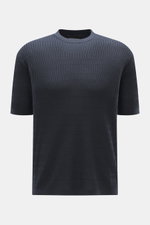Emporio Armani Short sleeve jumper navy, front view, lightweight pure virgin wool with subtle textured pattern, crew neck, ribbed bands, logo hem stitch.  

Versatile companion: This lightweight short sleeve jumper in pure virgin wool by EMPORIO ARMANI ha
