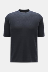 Emporio Armani Short sleeve jumper navy, front view, lightweight pure virgin wool with subtle textured pattern, crew neck, ribbed bands, logo hem stitch.  

Versatile companion: This lightweight short sleeve jumper in pure virgin wool by EMPORIO ARMANI ha