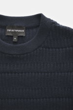 Alt tag (125 characters max): Close-up front view of Emporio Armani Short sleeve jumper navy with ribbed crew neck and textured fine knit pattern.

Description:  
<p>Versatile companion: This lightweight short sleeve jumper in pure virgin wool by EMPORIO 