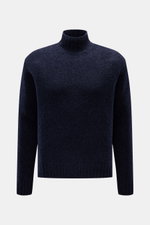 04651/ A trip in a bag Mock Neck Pullover 'Grainy' navy meliert, frontale Ansicht, Woll-Mix Boucléstrick, hoher Kragen, Regular Fit, breite Bündchen.