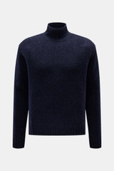 04651/ A trip in a bag Mock Neck Pullover 'Grainy' navy meliert, frontale Ansicht, Woll-Mix Boucléstrick, hoher Kragen, Regular Fit, breite Bündchen.