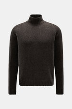 04651/ A trip in a bag Mock Neck Pullover 'Grainy' graubraun, frontale Ansicht, Boucléstrick, Woll-Mix, hoher Rippkragen, Regular Fit, breite Bündchen.
