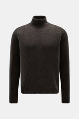 04651/ A trip in a bag Mock Neck Pullover 'Grainy' graubraun, frontale Ansicht, Boucléstrick, Woll-Mix, hoher Rippkragen, Regular Fit, breite Bündchen.