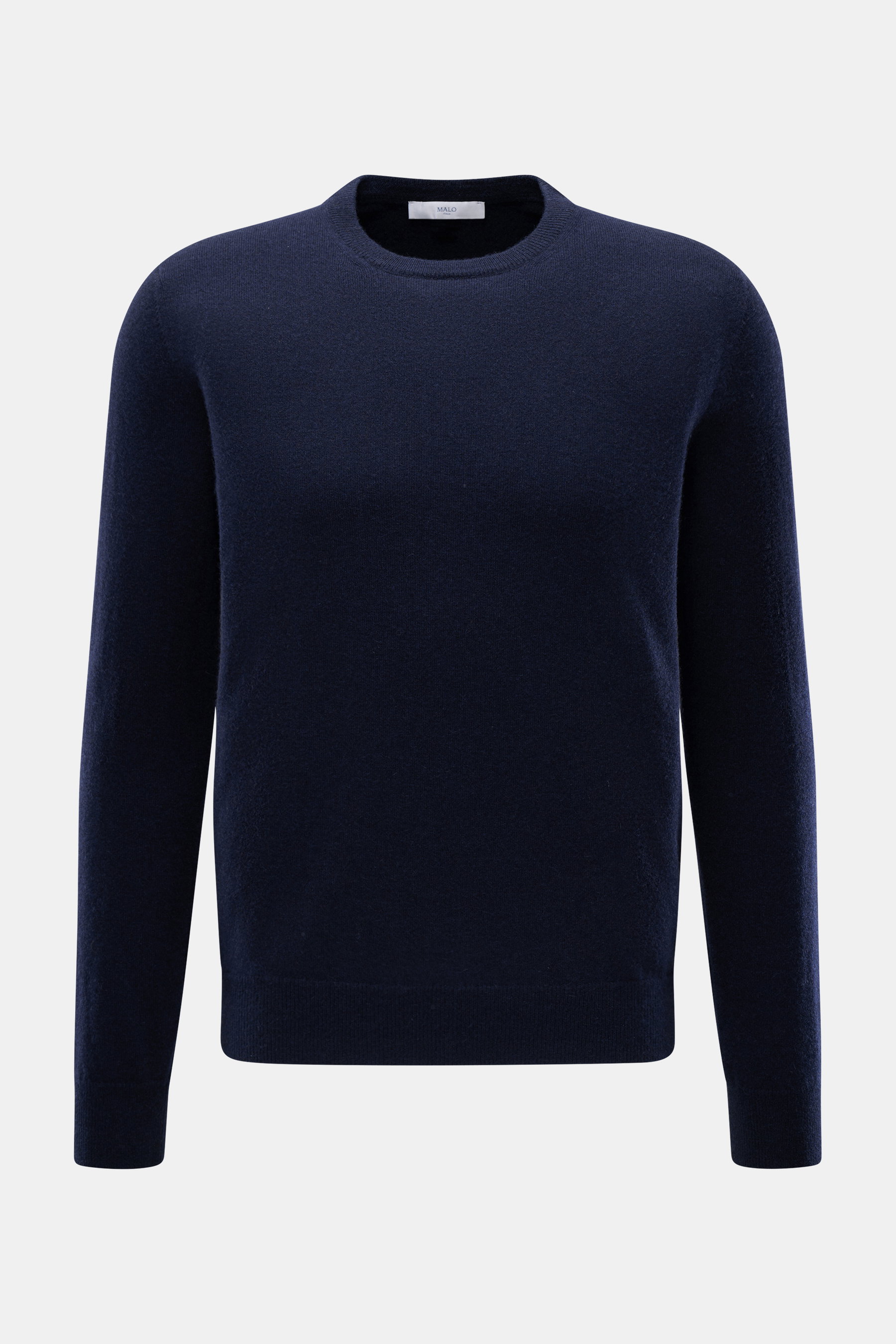 Front view of Malo Cashmere Crew Neck Sweater Navy in pure cashmere with fine knit pattern, crew neckline, ribbed cuffs, regular fit, and soft touch.